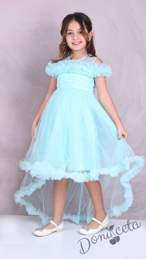 Официална детска рокля с шлейф с тюл в тюркоаз Ария