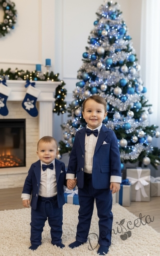 Комплект за момче 4 части в синьо- сако, панталон, риза в бяло и папийонка