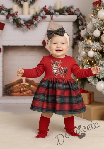 Коледна детска рокля в червено с картинка и долна част в каре 