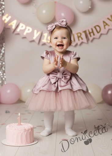 Официална парти рокля с къс ръкав и тюл в пепел от рози Надежда 