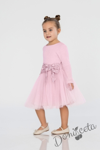 Официална детска рокля в екрю с ефектен плат и панделка в пепел от рози