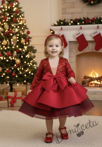Официална детска рокля с дълъг ръкав Мира в червено с пайети от колекция Червеника