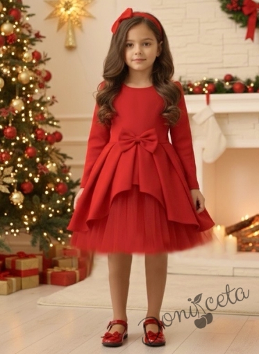  Официална детска рокля от плат Мариска с дълъг ръкав в червено с тюл 