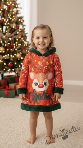 Детска коледна рокля в червено с елен и качулка