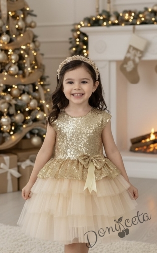 Детска празнична рокля в златисто от пайети и тюл на пластове Валериа