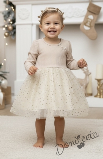 Детска рокля в бежово с панделка и тюл в бежово със звездички