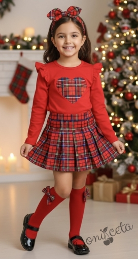 Комплект за момиче от 2 части-пола плисе от трико Роси в каре и блуза с дълъг ръкав в червено със сърце в каре