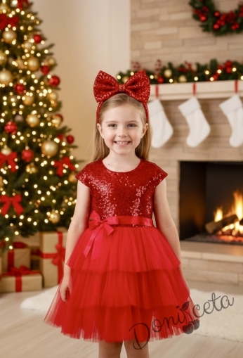 Официална коледна детска рокля Хава в червено с пайети и тюл на много пластове от колекция Червеника