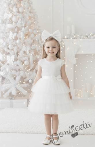 Детска празнична рокля Хава в бяло от пайети и тюл на пластове от колекция Снежина