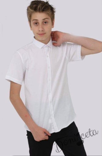  Детска официална изчистена риза за момче с къс ръкав в бяло