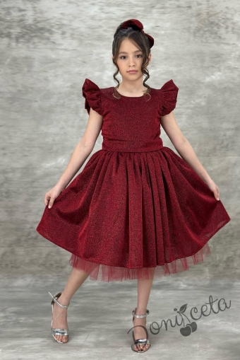 Празнична детска рокля с къс ръкав с брокат Балеа в бордо с фиба за коса от колекция Бордолина