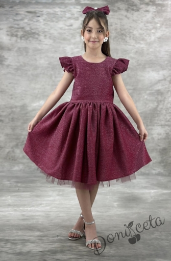Официална детска рокля с къс ръкав с блясък Балеа в малина