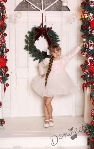 Официална детска рокля с дълъг ръкав в бяло с пайети Людмила за снежинка с фиба за коса от колекция Снежина