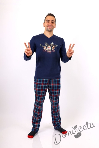 Мъжка коледна пижама в тъмносиньо с весели еленчета и надпис
