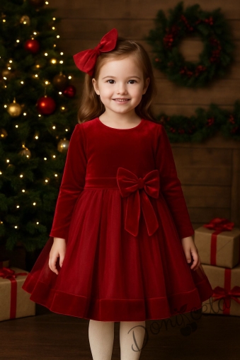 Детска коледна рокля в червено с тюл и панделка Тая и фиба за коса