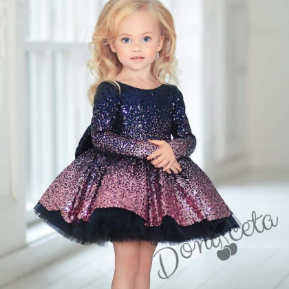 Официална детска рокля с дълъг ръкав с преливащ цвят в пепел от рози с тюл олтдолу