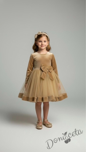 Детска рокля в бежово с тюл и панделка Тая и фиба за коса