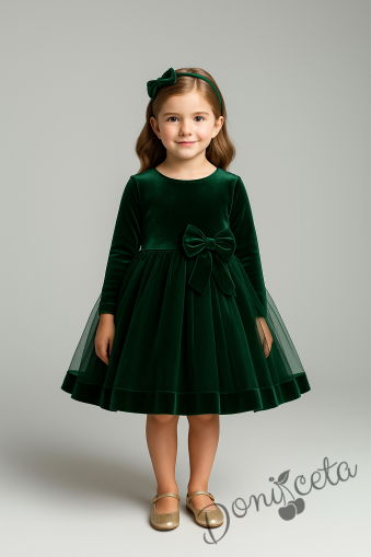 Детска рокля в зелено с тюл и панделка Тая и фиба за коса
