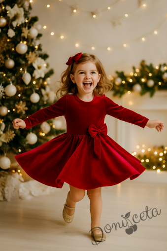 Детска коледна рокля в червено с панделка Елиса и фиба за коса