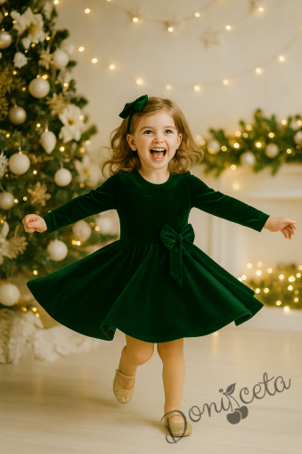 Детска коледна рокля в зелено с панделка Елиса и фиба за коса