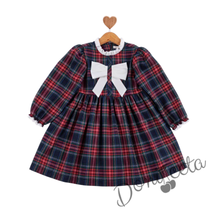 Детска коледна рокля с дълъг ръкав в каре с панделка