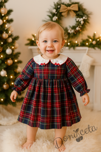 Бебешка коледна рокля с дълъг ръкав в каре с ефектна яка с гъбки Карена