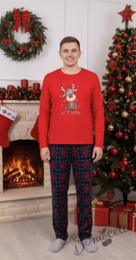 Мъжка коледна пижама  в червено с весело еленче и надпис