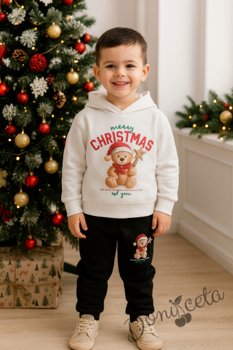 Коледен комплект за момче от блуза с качулка в бяло с мече и надпис и долнище в черно с мече