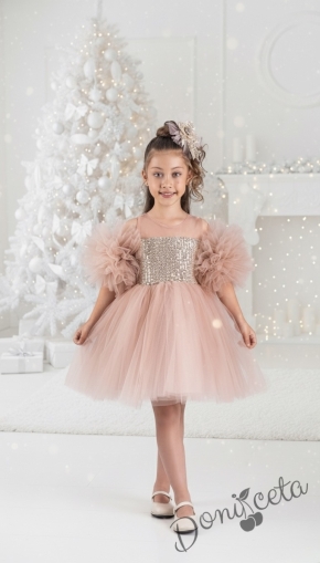 Детска официална рокля Блян с тюл в прасковено, помпони и панделка за коса