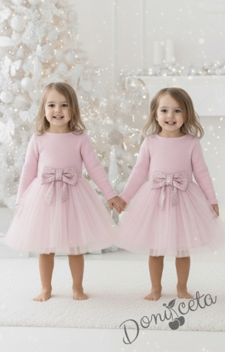 Официална детска рокля в екрю с ефектен плат и панделка в пепел от рози Сабина
