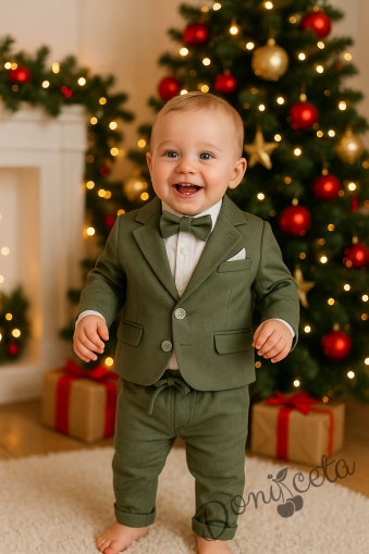 Бебешки елегантен костюм за момче от 4 части в зелено-боди-риза в бяло, сако в зелено, панталон и папийонка