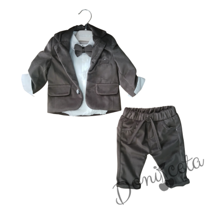 Бебешки елегантен костюм плюш за момче от 4 части в зеленикаво кафяво боди-риза в бяло, сако , панталон и папийонка