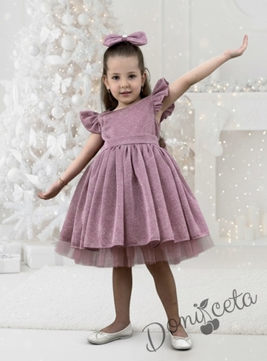 Официална детска рокля с къс ръкав с блясък в пепел от рози с тюл с панделка и фиба с панделка Балеа