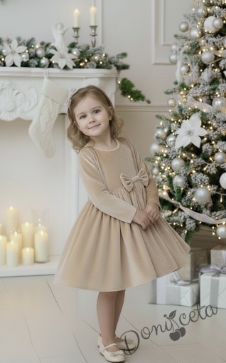 Детска рокля плюш в бежово с панделка Елиса и фиба за коса от колекция Бежина