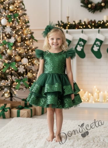 Коледна детска рокля в зелено с пайети, тюл и фиба за коса Айрис