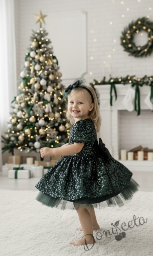 Детска коледна рокля в зелено с пайети Силия, тюл в зелено и фиба за коса