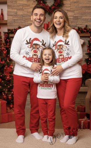 Детска, дамска или мъжка коледна пижама в бяло и червено с весело еленче и надпис Весела Коледа Купидон