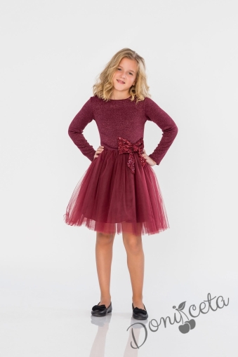 Официална детска рокля в бордо с ефектен плат и панделка Contrast