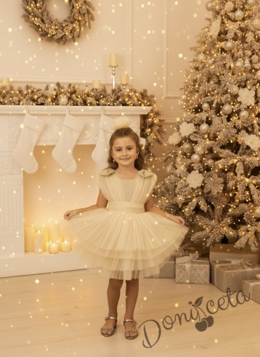 Официална къса детска рокля в златисто с тюл на пластове Малисия 