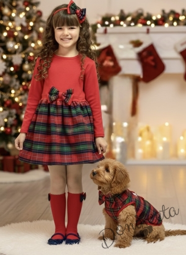 Комплект от 2 части- детска рокля с дълъг ръкав в червено с каре в долната част и диадема Карена