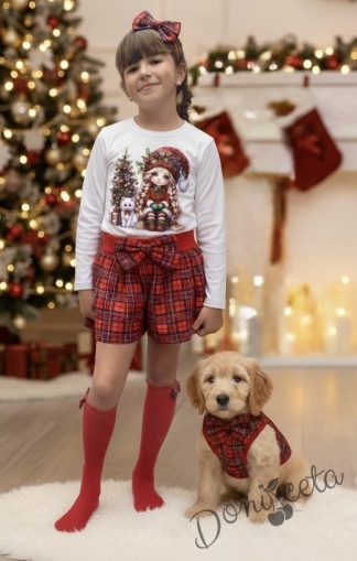 Детски комплект Карена от къси панталони в червено каре и блуза в бяло с момиченце и елха