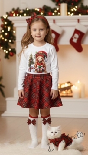 Комплект за момиче от 2 части-пола клош от трико Роси в каре и блуза с дълъг ръкав в бяло с коледна картинка Карена
