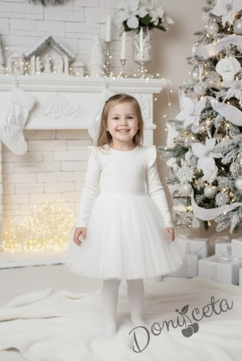 Детска бяла рокля с дълъг ръкав с къдрички на рамената и тюл Оливия