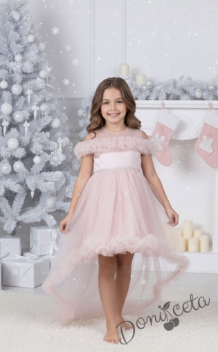 Официална детска рокля с шлейф с тюл в цвят пудра Ария