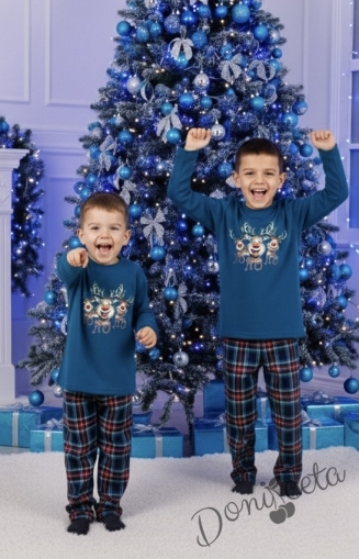 Детска коледна пижама Дашър в синьо с весели еленчета и надпис 