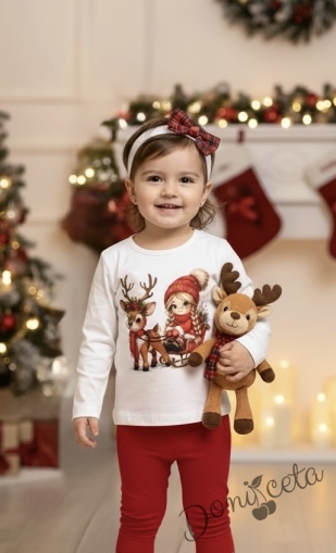 Детска коледна блуза в бяло неватирана с момиченце и еленче