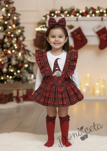 Комплект за момиче от блуза в бяло с коледна картинка на джудже и сукман в каре Карена