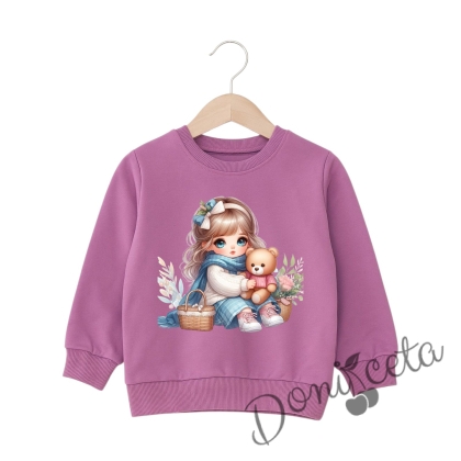 Детска/бебешка блуза в лилаво с дълъг ръкав за момиче с картинка на момиченце и мече