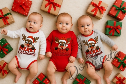 Коледно бебешко боди с дълъг ръкав в сиво с еленче и мече 