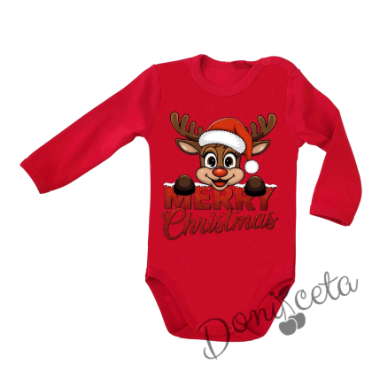 Коледно бебешко боди с дълъг ръкав в червено с еленче